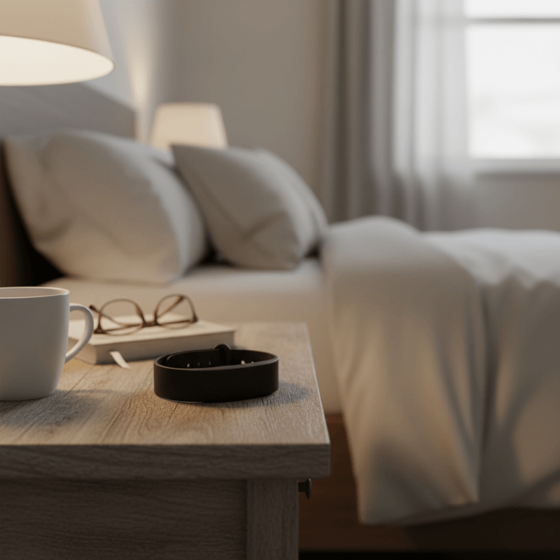 Black Soovie alarm wristband on a wooden bedside table next to a coffee mug, glasses and book in a calm bedroom