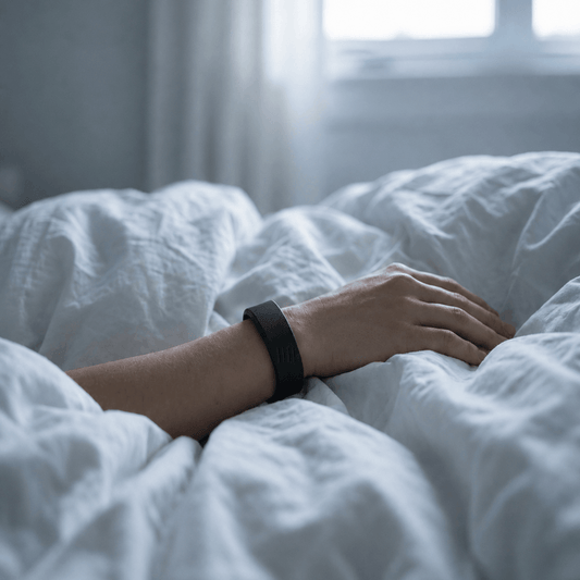 Arm resting on white bedding wearing a black Soovie silent vibrating alarm wristband in soft morning light
