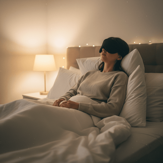 Woman wearing a black 3D sleep mask in bed