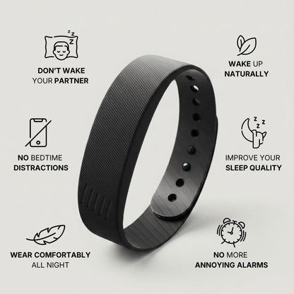 Black wristband with features listed on a light gray background