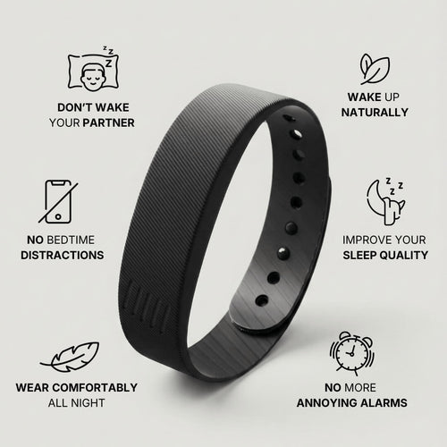 Black wristband with features listed on a light gray background