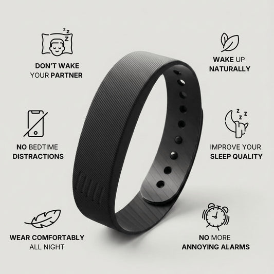 Black wristband with features listed on a light gray background